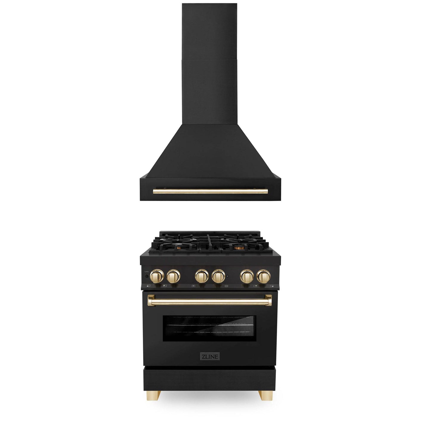 ZLINE 30" Autograph Edition Kitchen Package with Black Stainless Steel Dual Fuel Range and Range Hood with Polished Gold Accents (2AKP-RABRH30-G) - KB&A The Home Improvement Store