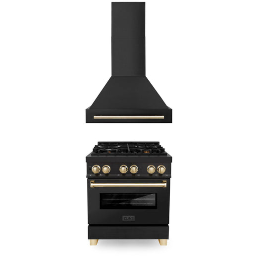 ZLINE 30" Autograph Edition Kitchen Package with Black Stainless Steel Dual Fuel Range and Range Hood with Polished Gold Accents (2AKP-RABRH30-G) - KB&A The Home Improvement Store