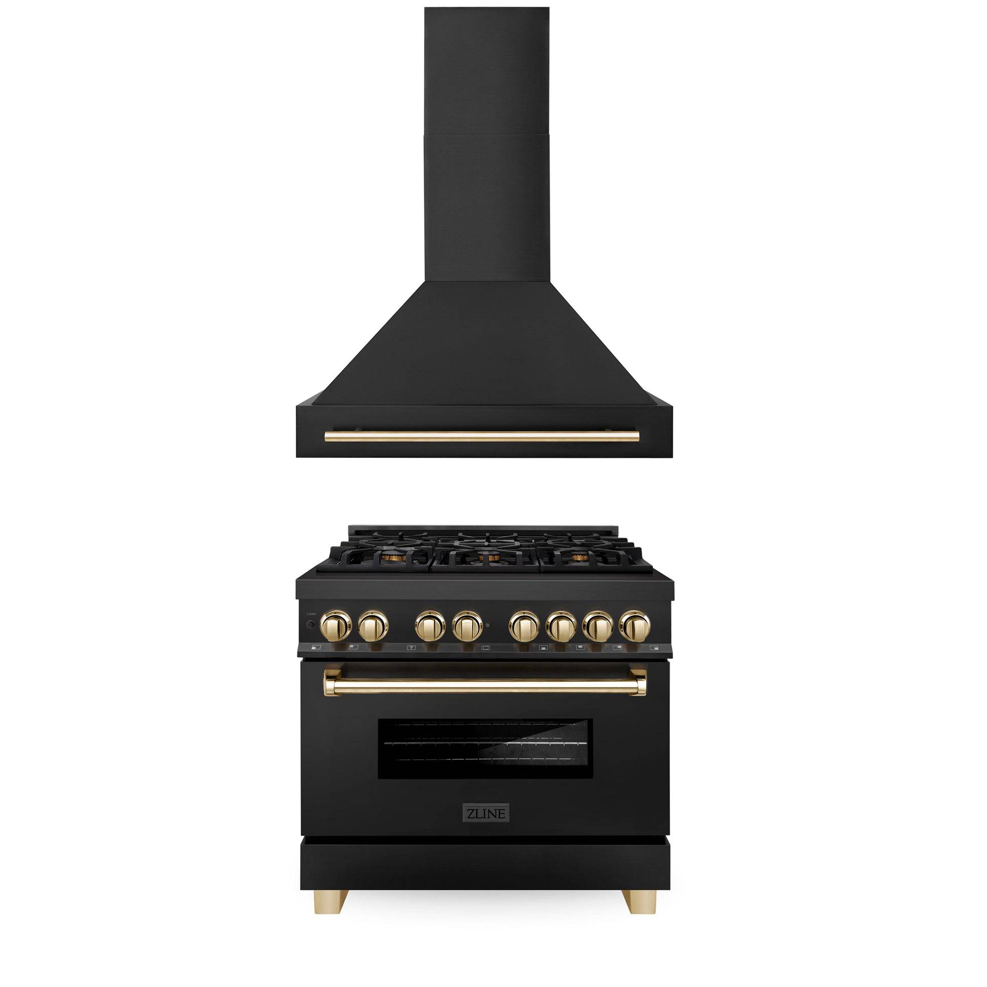 ZLINE 36" Autograph Edition Kitchen Package with Black Stainless Steel Dual Fuel Range and Range Hood with Polished Gold Accents (2AKP-RABRH36-G) - KB&A The Home Improvement Store