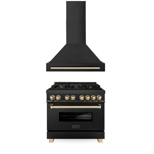 ZLINE 36" Autograph Edition Kitchen Package with Black Stainless Steel Dual Fuel Range and Range Hood with Polished Gold Accents (2AKP-RABRH36-G) - KB&A The Home Improvement Store