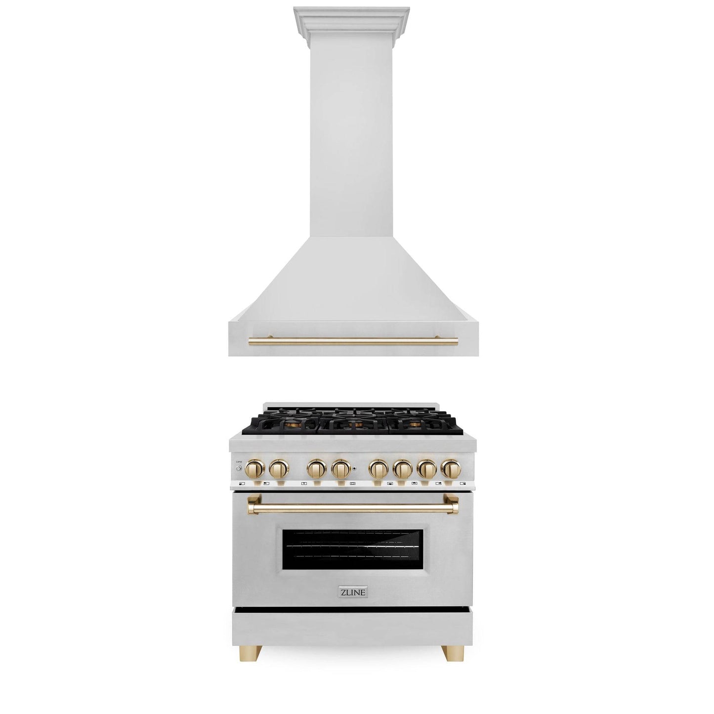 ZLINE 36" Autograph Edition Kitchen Package with Stainless Steel Dual Fuel Range and Range Hood with Polished Gold Accents (2AKP-RARH36-G) - KB&A The Home Improvement Store