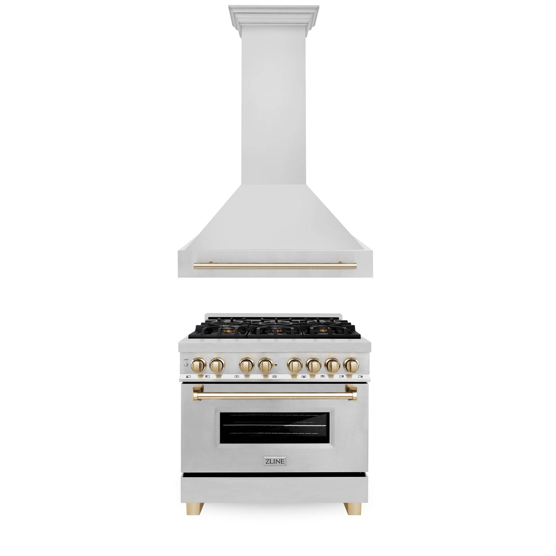 ZLINE 36" Autograph Edition Kitchen Package with Stainless Steel Dual Fuel Range and Range Hood with Polished Gold Accents (2AKP-RARH36-G) - KB&A The Home Improvement Store