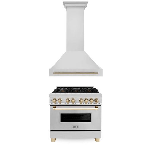 ZLINE 36" Autograph Edition Kitchen Package with Stainless Steel Dual Fuel Range and Range Hood with Polished Gold Accents (2AKP-RARH36-G) - KB&A The Home Improvement Store