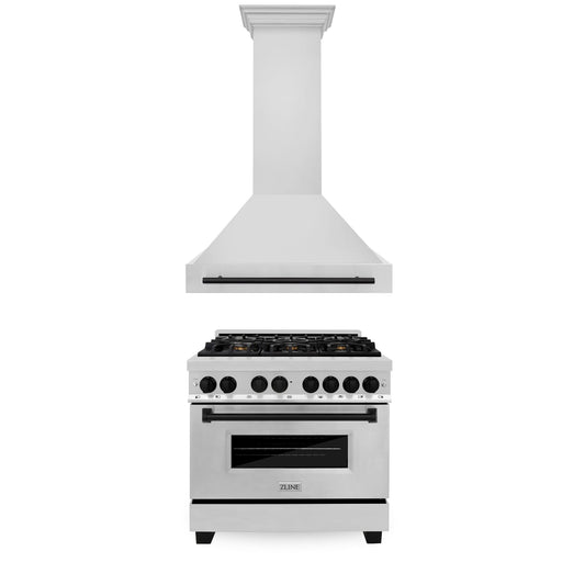 ZLINE 36" Autograph Edition Kitchen Package with Stainless Steel Dual Fuel Range and Range Hood with Matte Black Accents (2AKP-RARH36-MB) - KB&A The Home Improvement Store