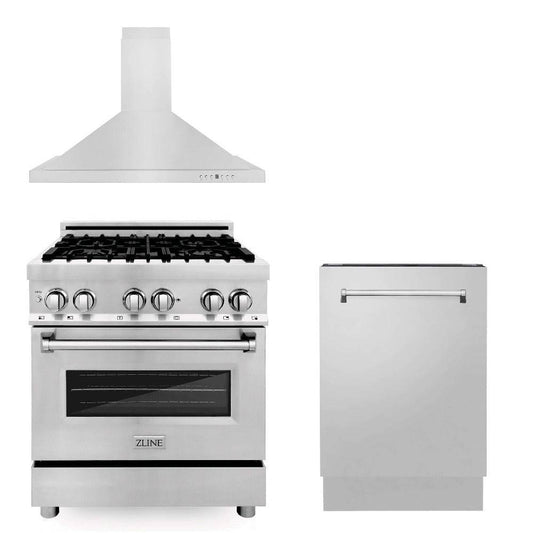 ZLINE 30 in. Kitchen Package with Stainless Steel Dual Fuel Range, Convertible Vent Range Hood and Tall Tub Dishwasher (3KP-RARH30-DWV) - KB&A The Home Improvement Store