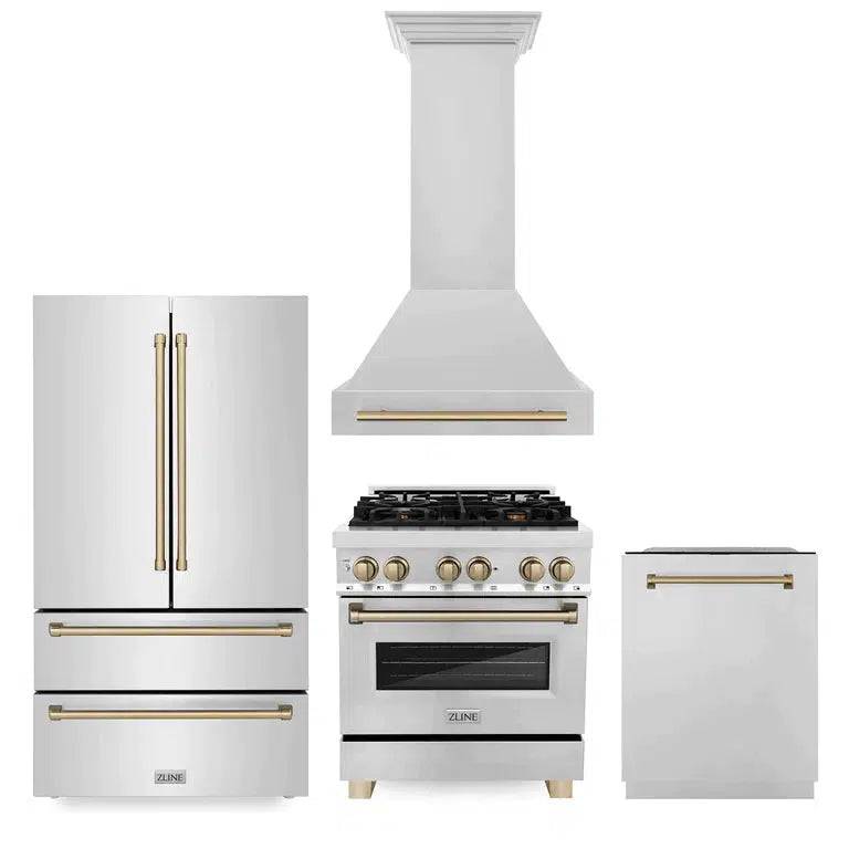 ZLINE Autograph Edition 30 in. Kitchen Package with Stainless Steel Dual Fuel Range, Range Hood, Dishwasher and Refrigerator with Champagne Bronze Accents (4KAPR-RARHDWM30-CB) - KB&A The Home Improvement Store