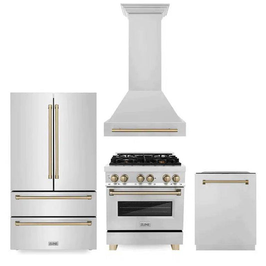 ZLINE Autograph Edition 30 in. Kitchen Package with Stainless Steel Dual Fuel Range, Range Hood, Dishwasher and Refrigerator with Champagne Bronze Accents (4KAPR-RARHDWM30-CB) - KB&A The Home Improvement Store