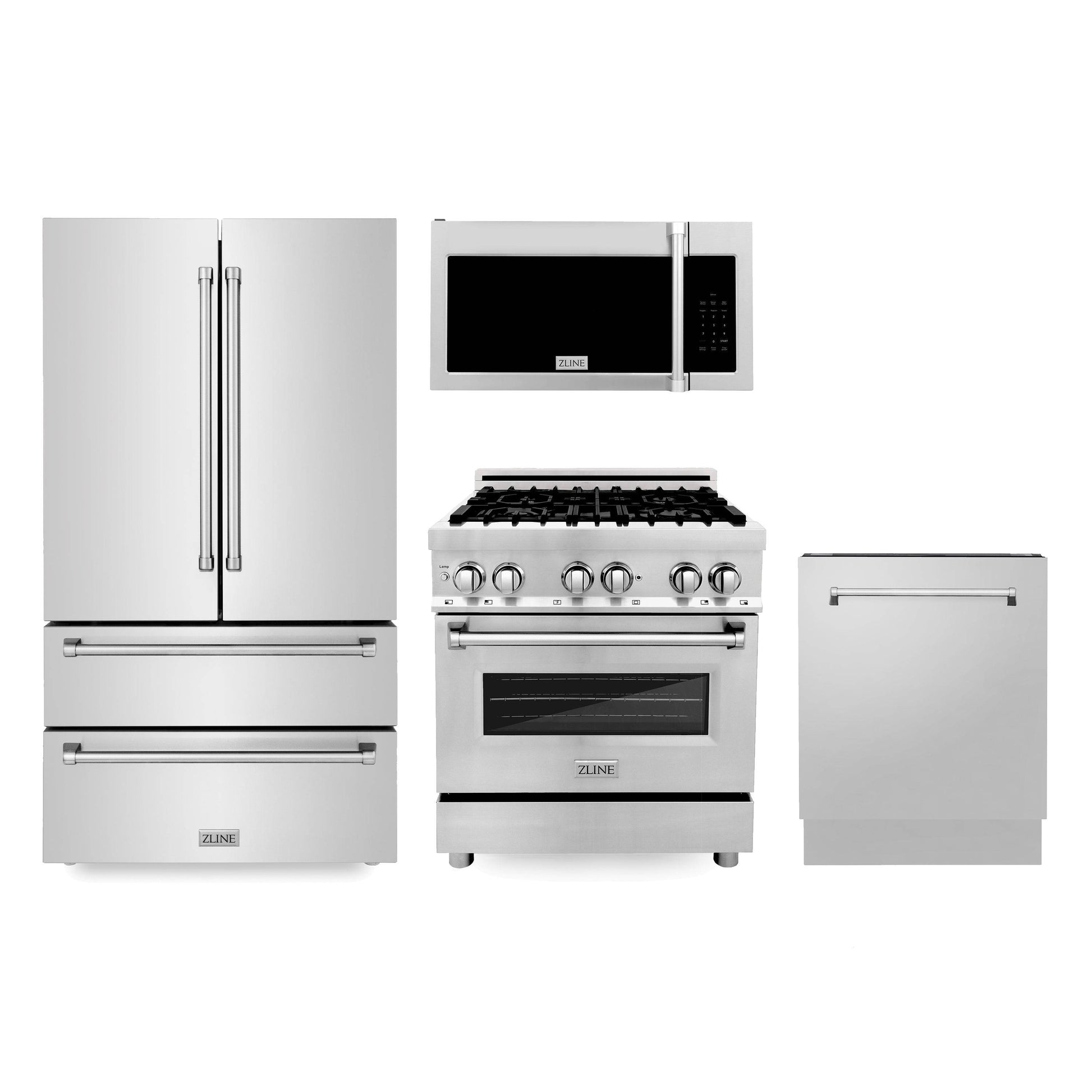 ZLINE Kitchen Package with Refrigerator, 30 in. Stainless Steel Dual Fuel Range, 30 in. Traditional Over-the-Range Microwave and 24 in. Tall Tub Dishwasher (4KPR-RAOTRH30-DWV) - KB&A The Home Improvement Store