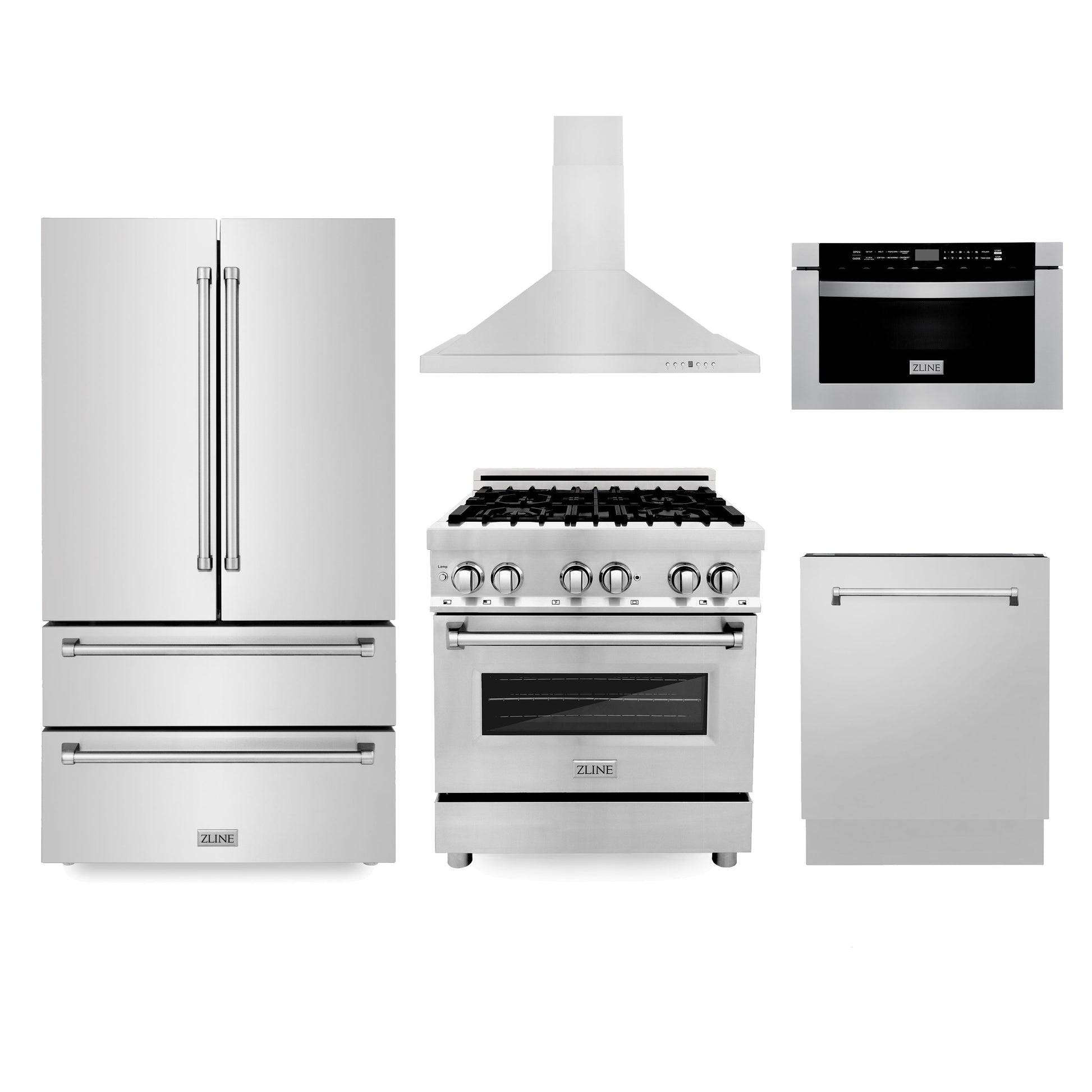 ZLINE Kitchen Package with 36 in. French Door Refrigerator, 30 in. Stainless Steel Dual Fuel Range, 30 in. Convertible Vent Range Hood, 24 in. Microwave Drawer, and 24 in. Tall Tub Dishwasher (5KPR-RARH30-MWDWV) - KB&A The Home Improvement Store