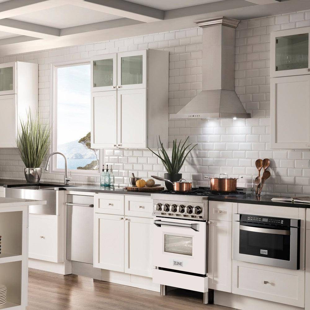 ZLINE 24 in. 2.8 cu. ft. Legacy Dual Fuel Range with 4 Burner Gas Cooktop and Electric Convection Oven in Stainless Steel and White Matte Door (RA-WM-24) - KB&A The Home Improvement Store