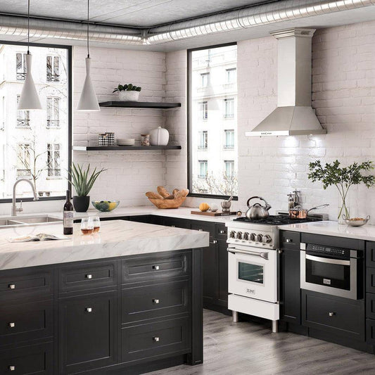 ZLINE 24 in. 2.8 cu. ft. Legacy Dual Fuel Range with 4 Burner Gas Cooktop and Electric Convection Oven in Stainless Steel and White Matte Door (RA-WM-24) - KB&A The Home Improvement Store