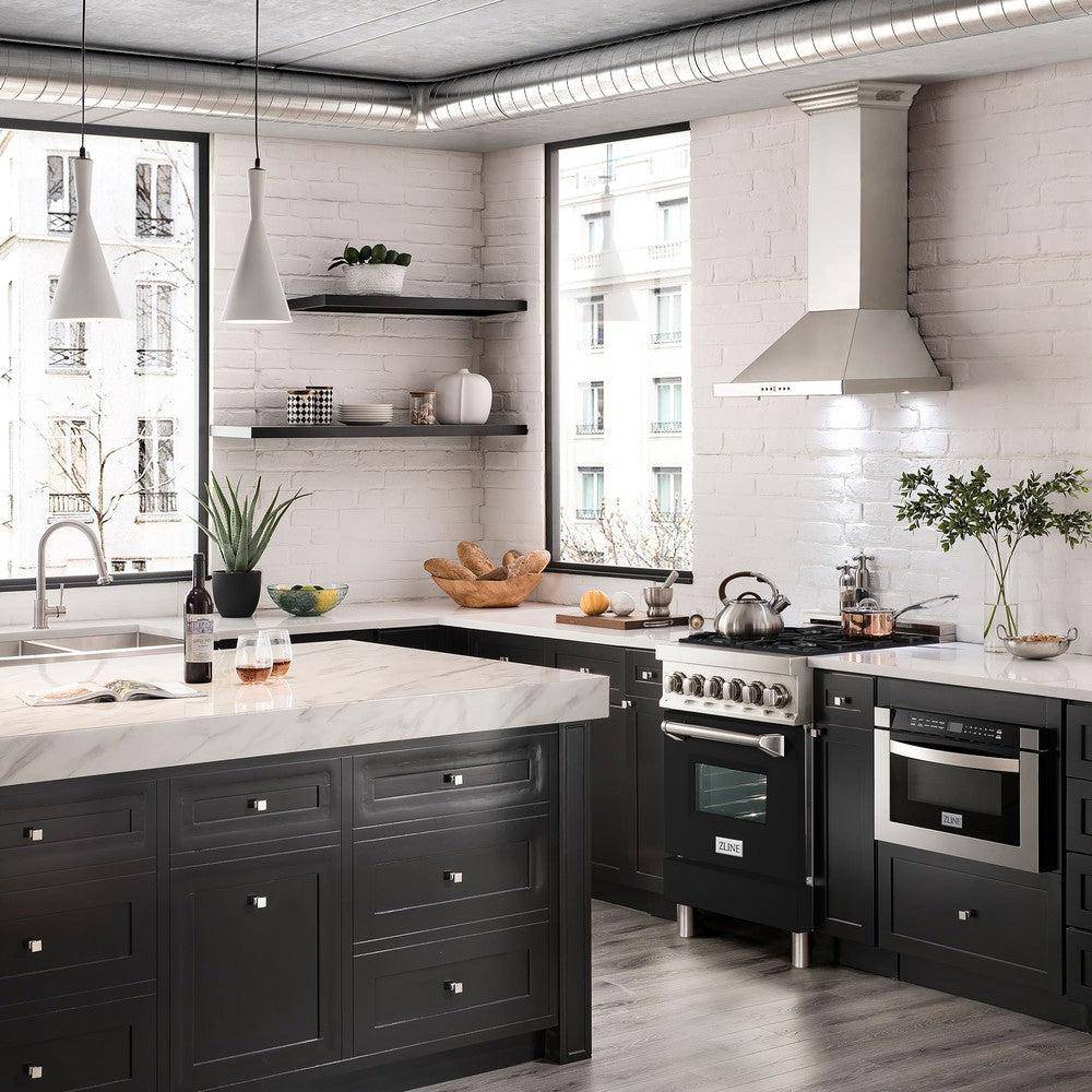ZLINE 24 in. 2.8 cu. ft. Legacy Dual Fuel Range with 4 Burner Gas Cooktop and Electric Convection Oven in Stainless Steel and Black Matte Door (RA-BLM-24) - KB&A The Home Improvement Store