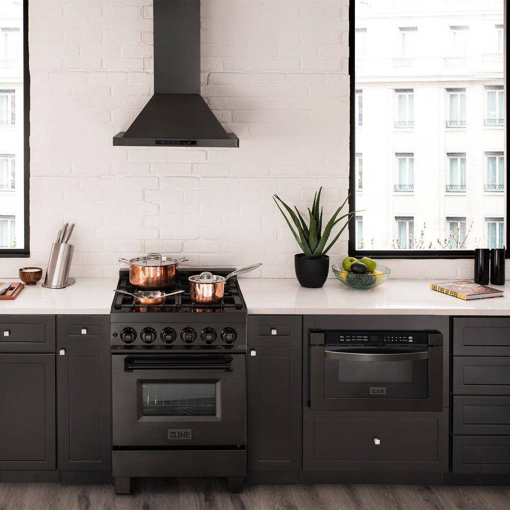 ZLINE 24 in. 2.8 cu. ft. Legacy Dual Fuel Range with Gas Cooktop and Electric Convection Oven in Black Stainless Steel with 4 Brass Burners (RAB-BR-24) - KB&A The Home Improvement Store