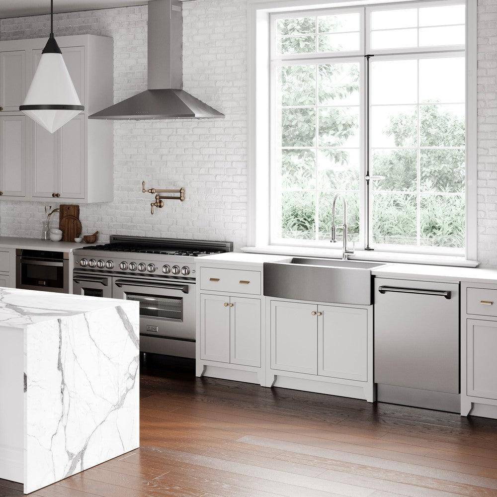 ZLINE Kitchen Package with Refrigerator, 36 in. Stainless Steel Dual Fuel Range, 36 in. Convertible Vent Range Hood, 24 in. Microwave Drawer, and 24 in. Tall Tub Dishwasher (5KPR-RARH36-MWDWV) - KB&A The Home Improvement Store