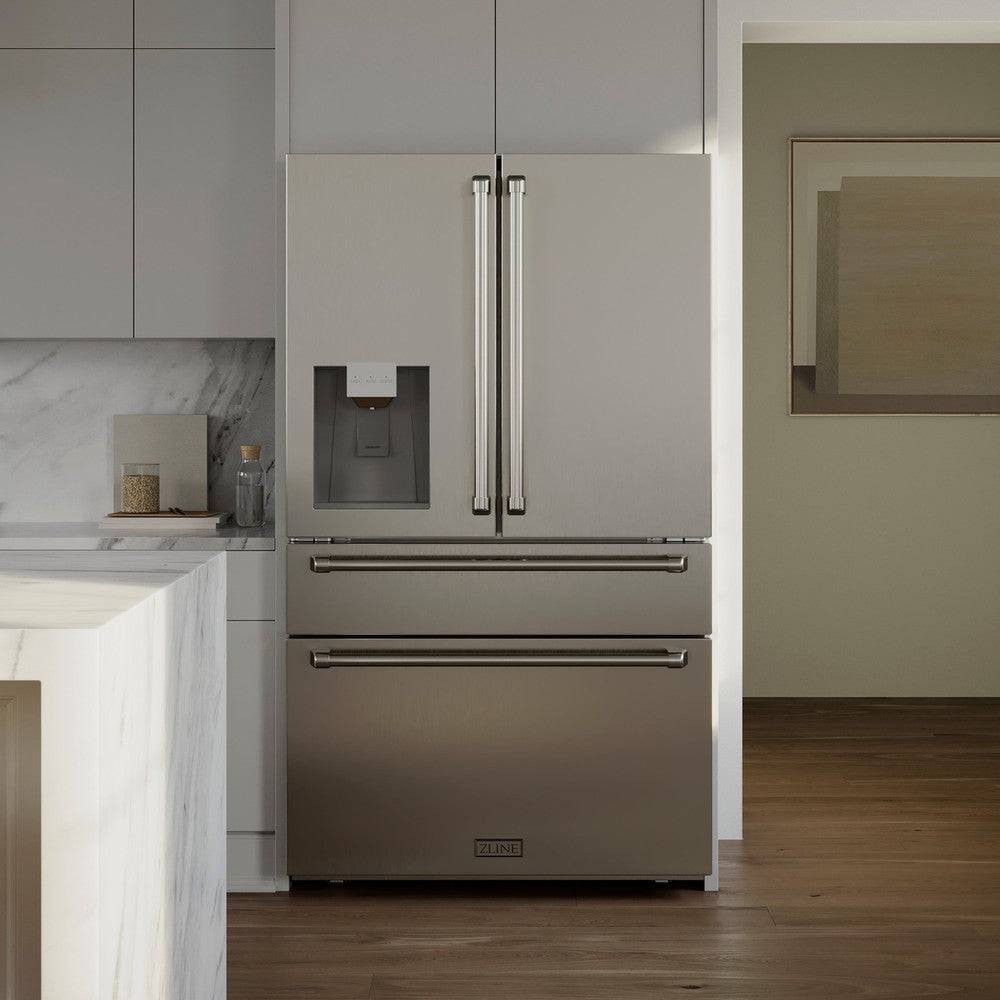 ZLINE 36 in. 21.6 cu. ft 4-Door French Door Refrigerator with Water and Ice Dispenser in Fingerprint Resistant Stainless Steel (RFM-W-36) - KB&A The Home Improvement Store