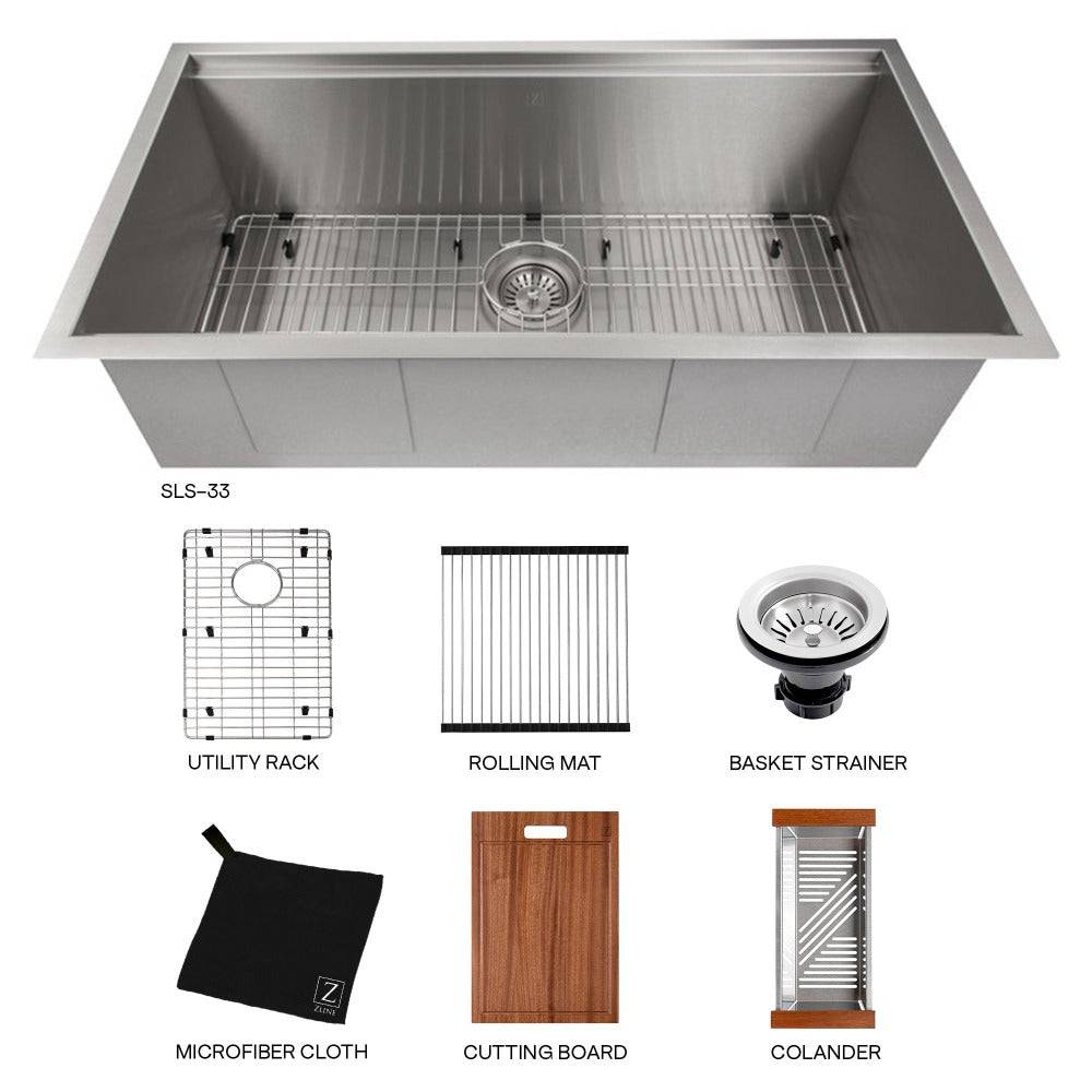 ZLINE 33 in. Garmisch Undermount Single Bowl Kitchen Sink with Bottom Grid and Accessories (SLS-33S) - KB&A The Home Improvement Store