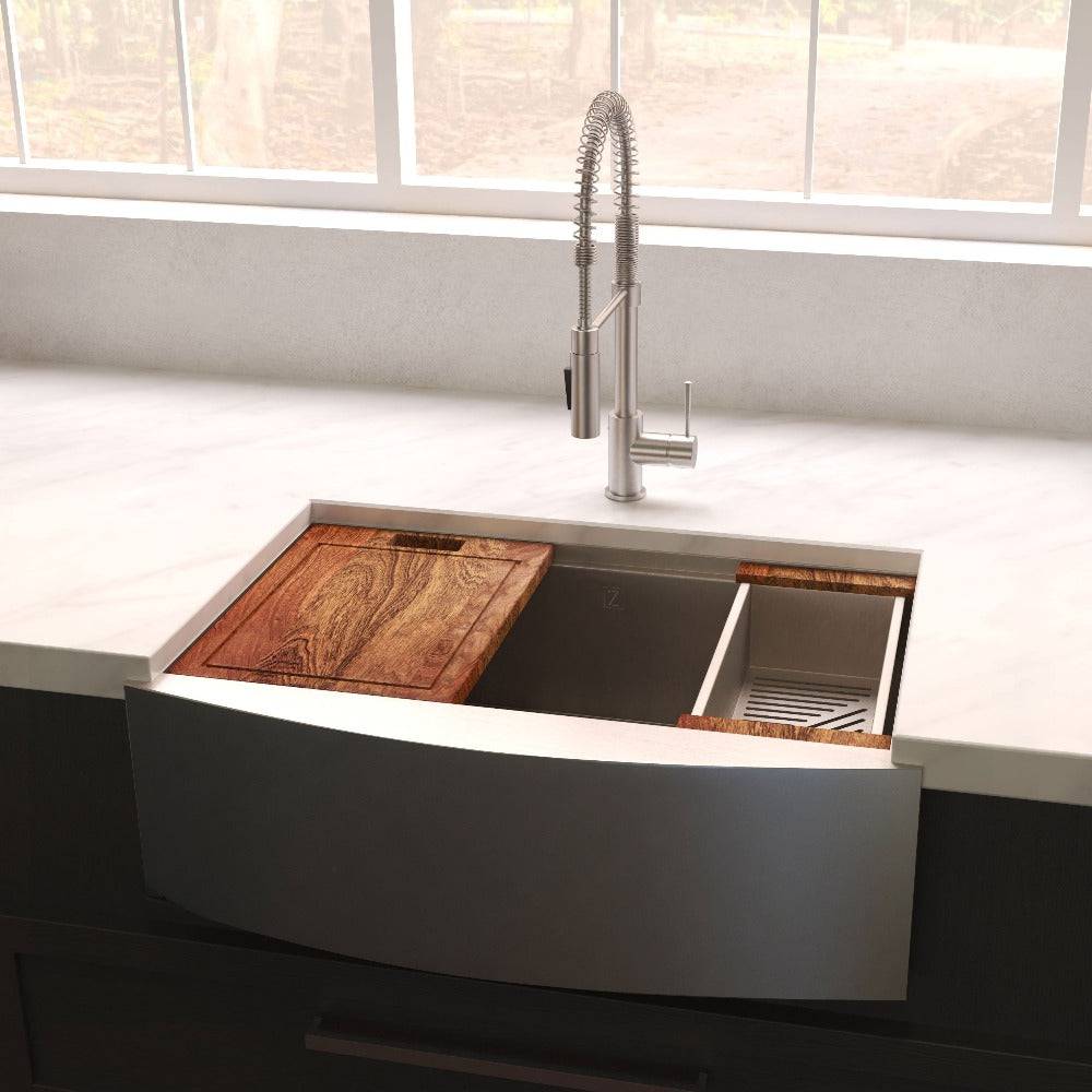 ZLINE 33 in. Moritz Farmhouse Apron Mount Single Bowl Kitchen Sink with Bottom Grid and Accessories (SLSAP-33S) - KB&A The Home Improvement Store