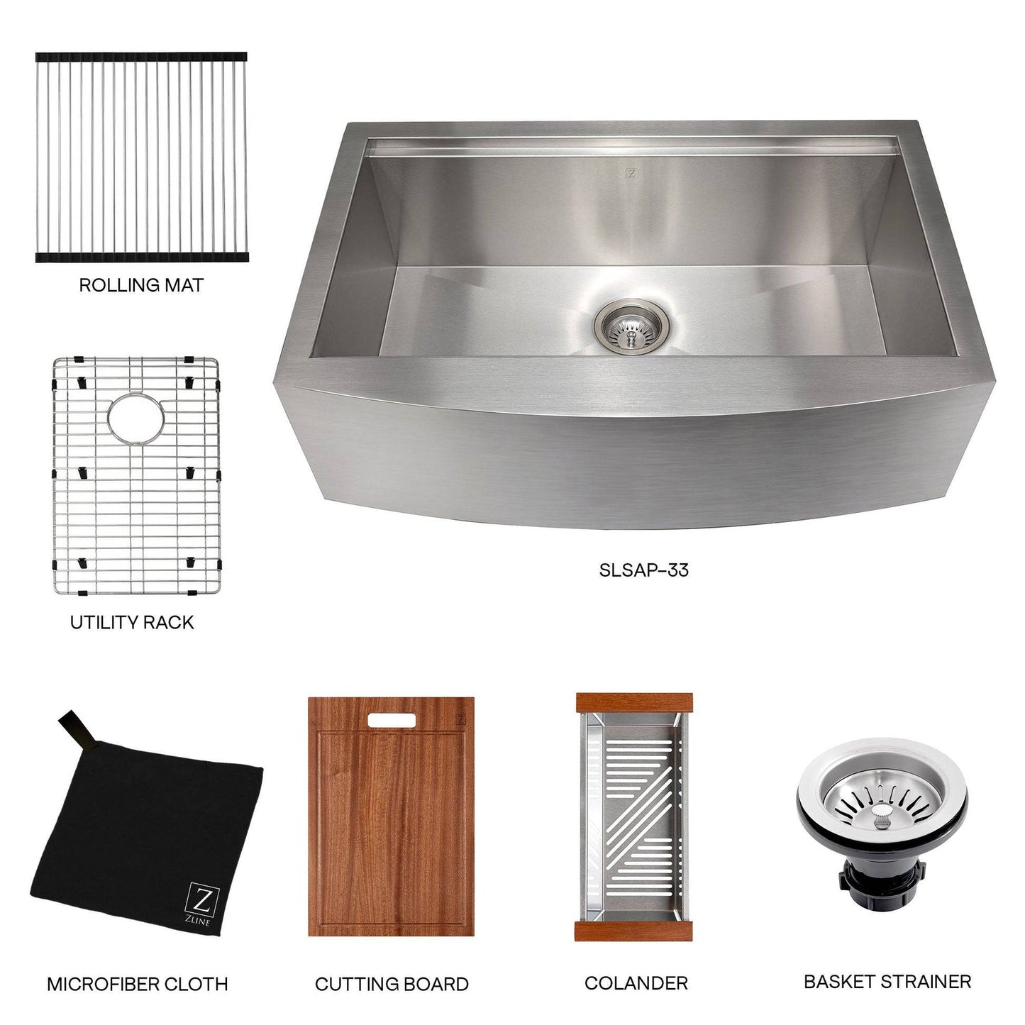ZLINE 33 in. Moritz Farmhouse Apron Mount Single Bowl Kitchen Sink with Bottom Grid and Accessories (SLSAP-33S) - KB&A The Home Improvement Store