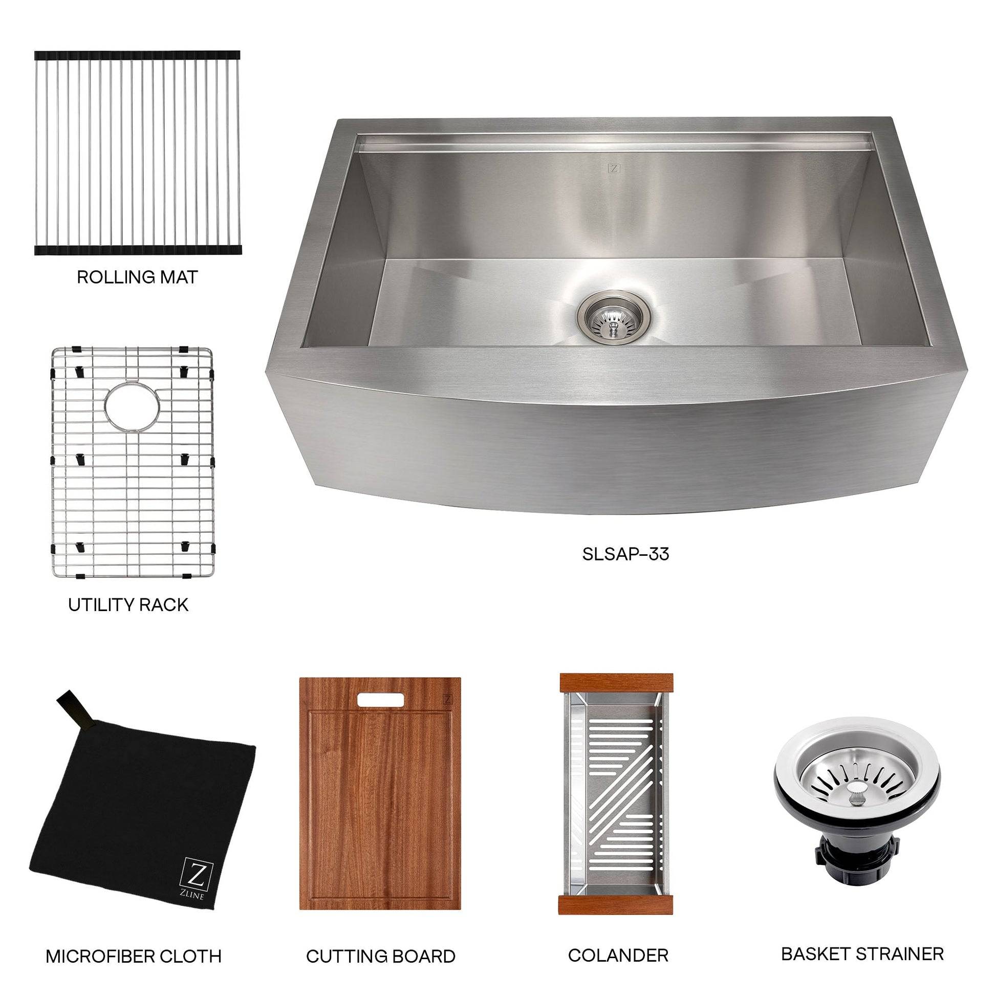 ZLINE 33 in. Moritz Farmhouse Apron Mount Single Bowl Kitchen Sink with Bottom Grid and Accessories (SLSAP-33S) - KB&A The Home Improvement Store