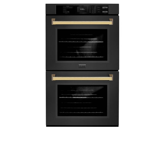 ZLINE 30 in. Autograph Edition Professional True Convection Double Wall Oven with Air Fry and Self Clean in Black Stainless Steel with Polished Gold Handles (WADBZ-30-G) - KB&A The Home Improvement Store