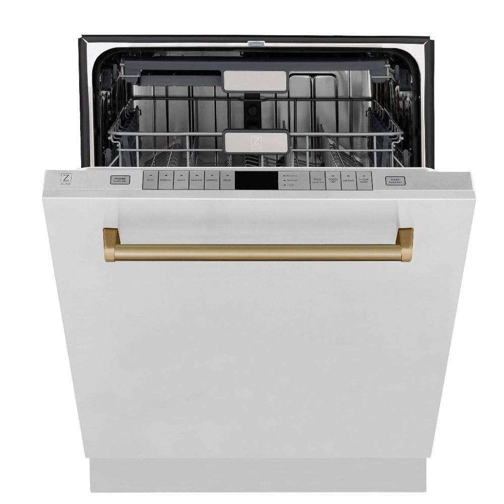 ZLINE Autograph Edition 30 in. Kitchen Package with Stainless Steel Dual Fuel Range, Range Hood, Dishwasher and Refrigerator with Champagne Bronze Accents (4KAPR-RARHDWM30-CB) - KB&A The Home Improvement Store
