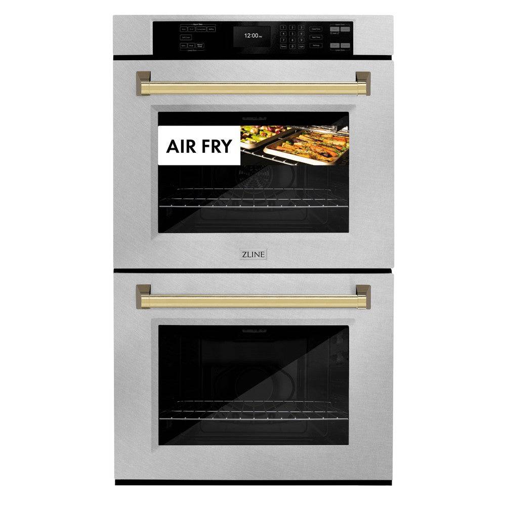 ZLINE 30 in. Autograph Edition Professional True Convection Double Wall Oven with Air Fry and Self Clean in Stainless Steel with Polished Gold Handles (WADZ-30-G) - KB&A The Home Improvement Store