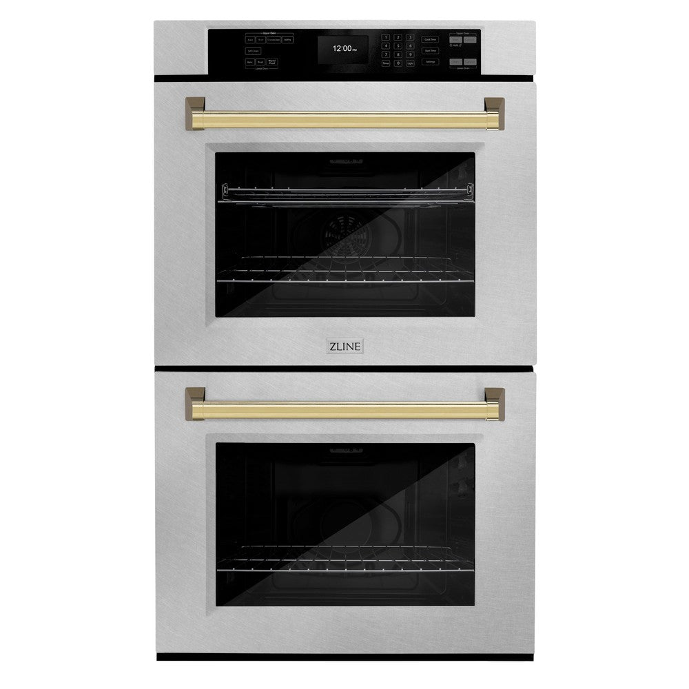 ZLINE 30 in. Autograph Edition Professional True Convection Double Wall Oven with Air Fry and Self Clean in Stainless Steel with Polished Gold Handles (WADZ-30-G) - KB&A The Home Improvement Store