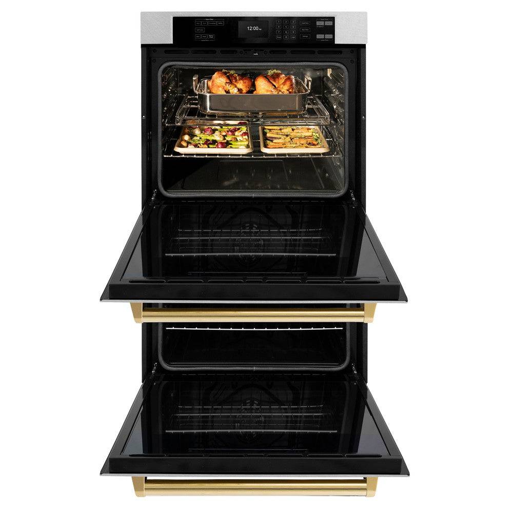 ZLINE 30 in. Autograph Edition Professional True Convection Double Wall Oven with Air Fry and Self Clean in Stainless Steel with Polished Gold Handles (WADZ-30-G) - KB&A The Home Improvement Store