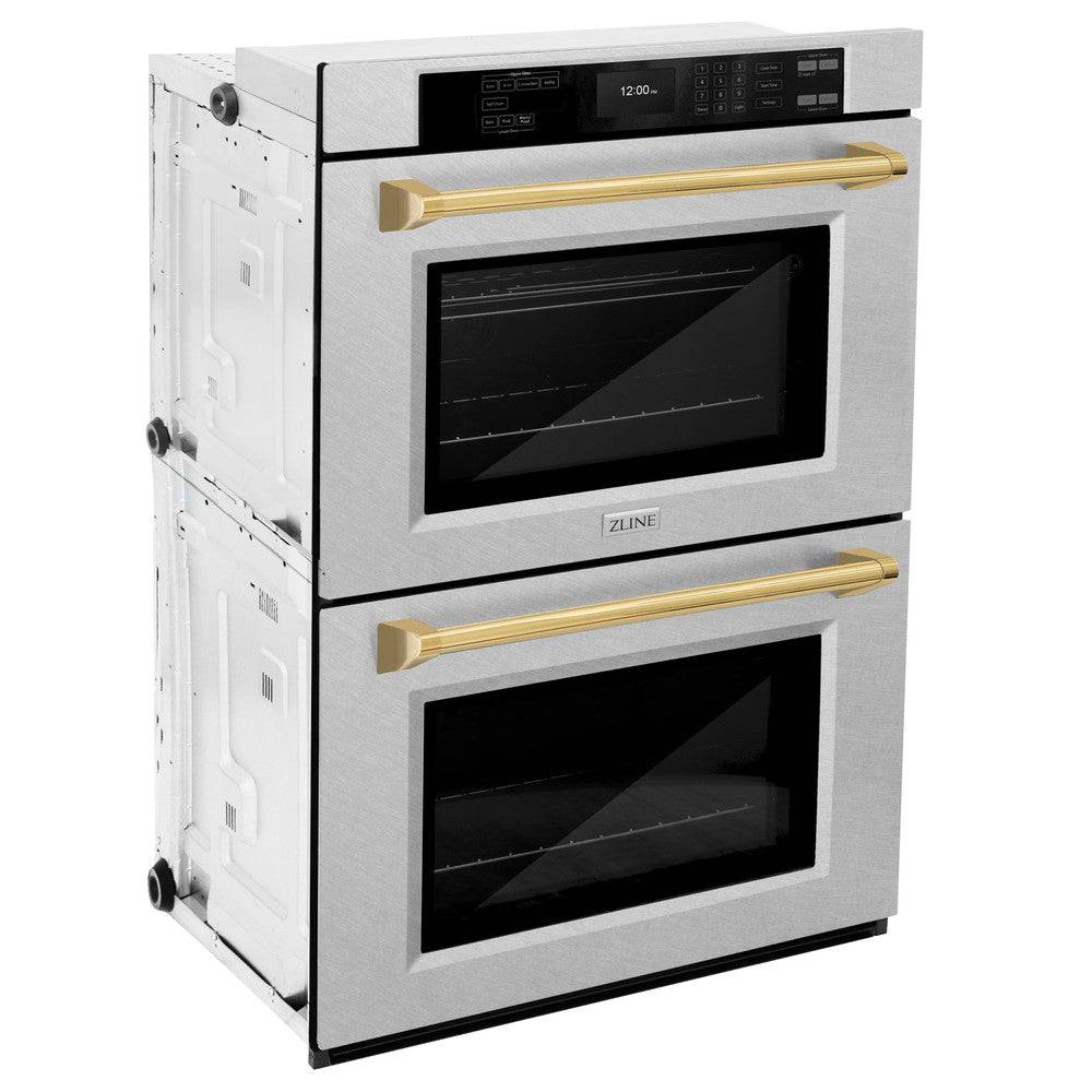 ZLINE 30 in. Autograph Edition Professional True Convection Double Wall Oven with Air Fry and Self Clean in Stainless Steel with Polished Gold Handles (WADZ-30-G) - KB&A The Home Improvement Store