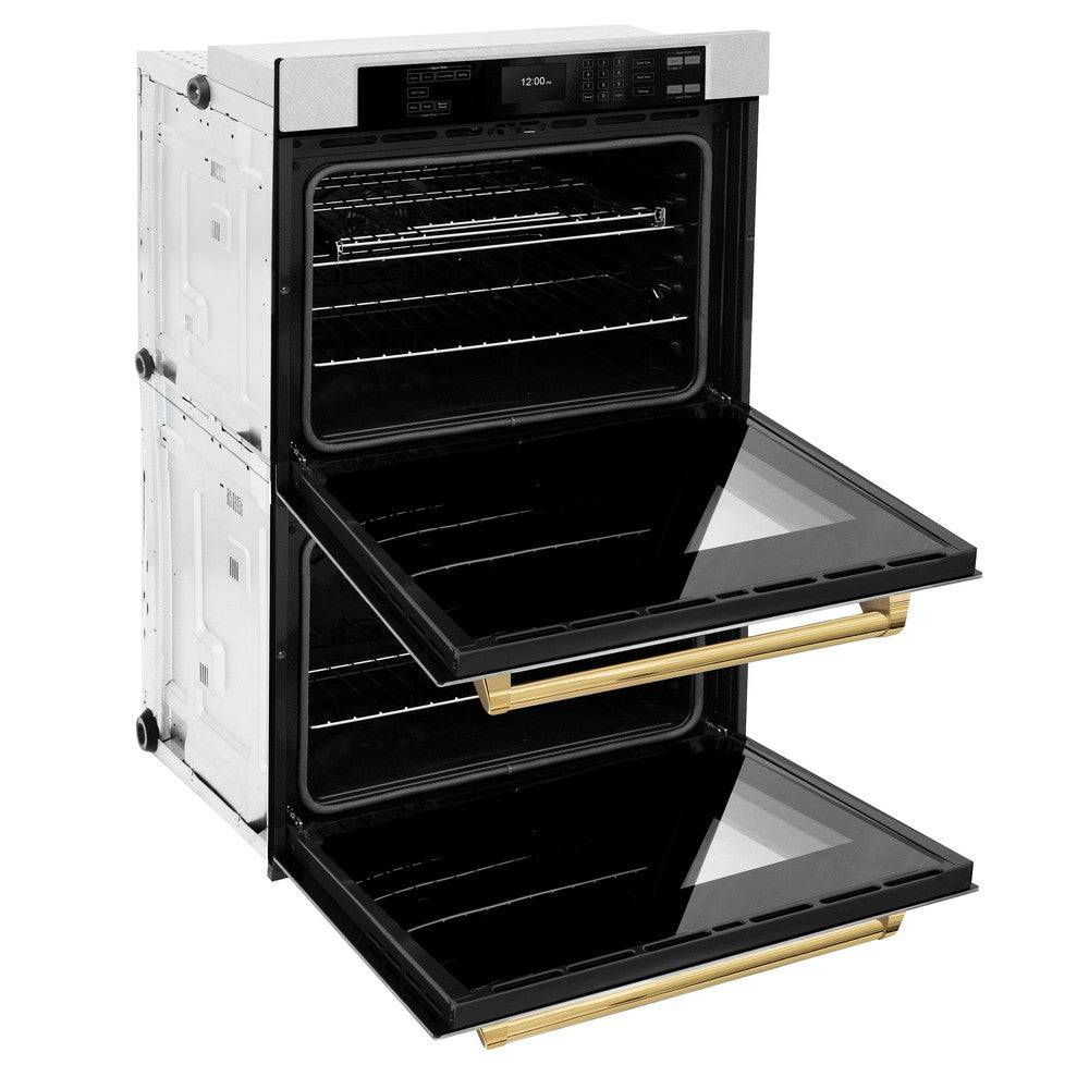 ZLINE 30 in. Autograph Edition Professional True Convection Double Wall Oven with Air Fry and Self Clean in Stainless Steel with Polished Gold Handles (WADZ-30-G) - KB&A The Home Improvement Store