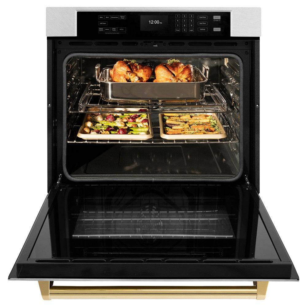 ZLINE 30 in. Autograph Edition Professional True Convection Single Wall Oven with Air Fry and Self Clean in DuraSnow® Stainless Steel with Polished Gold Handle (WASSZ-30-G) - KB&A The Home Improvement Store