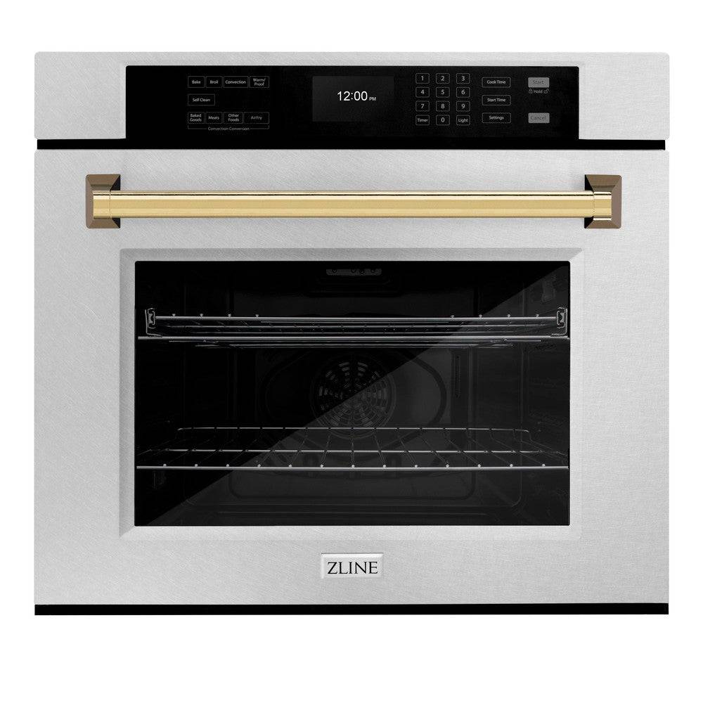ZLINE 30 in. Autograph Edition Professional True Convection Single Wall Oven with Air Fry and Self Clean in DuraSnow® Stainless Steel with Polished Gold Handle (WASSZ-30-G) - KB&A The Home Improvement Store