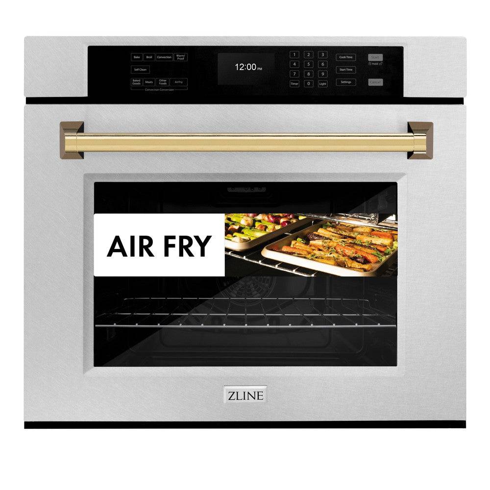 ZLINE 30 in. Autograph Edition Professional True Convection Single Wall Oven with Air Fry and Self Clean in DuraSnow® Stainless Steel with Polished Gold Handle (WASSZ-30-G) - KB&A The Home Improvement Store