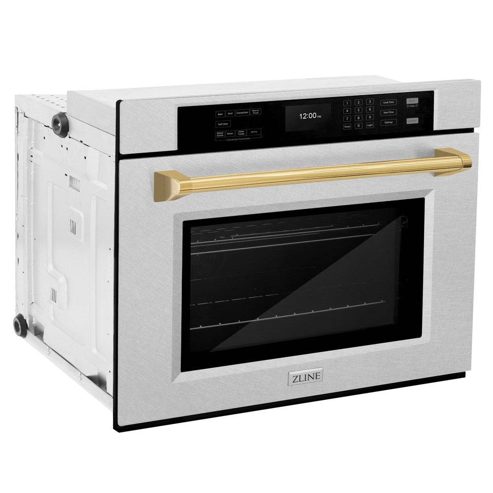 ZLINE 30 in. Autograph Edition Professional True Convection Single Wall Oven with Air Fry and Self Clean in DuraSnow® Stainless Steel with Polished Gold Handle (WASSZ-30-G) - KB&A The Home Improvement Store