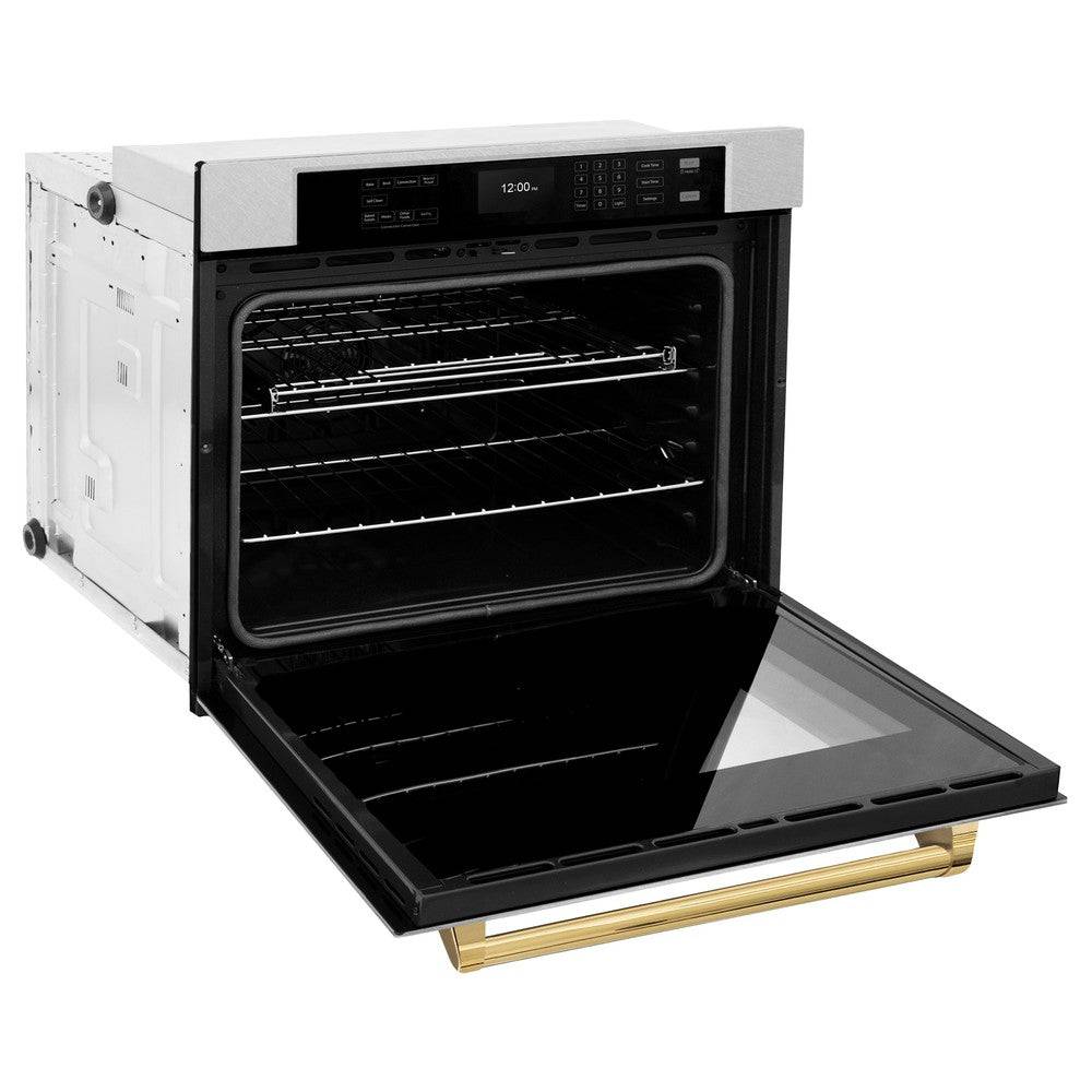ZLINE 30 in. Autograph Edition Professional True Convection Single Wall Oven with Air Fry and Self Clean in DuraSnow® Stainless Steel with Polished Gold Handle (WASSZ-30-G) - KB&A The Home Improvement Store