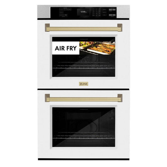 Professional True Convection Double Wall Oven with Air Fry and Self Clean in DuraSnow® Stainless Steel with White Matte Doors and Champagne Bronze Handles (WADSZ-WM-30-CB) - KB&A The Home Improvement Store
