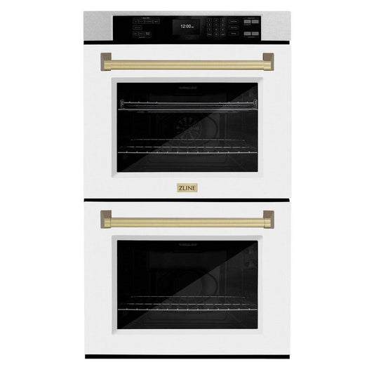 Professional True Convection Double Wall Oven with Air Fry and Self Clean in DuraSnow® Stainless Steel with White Matte Doors and Champagne Bronze Handles (WADSZ-WM-30-CB) - KB&A The Home Improvement Store