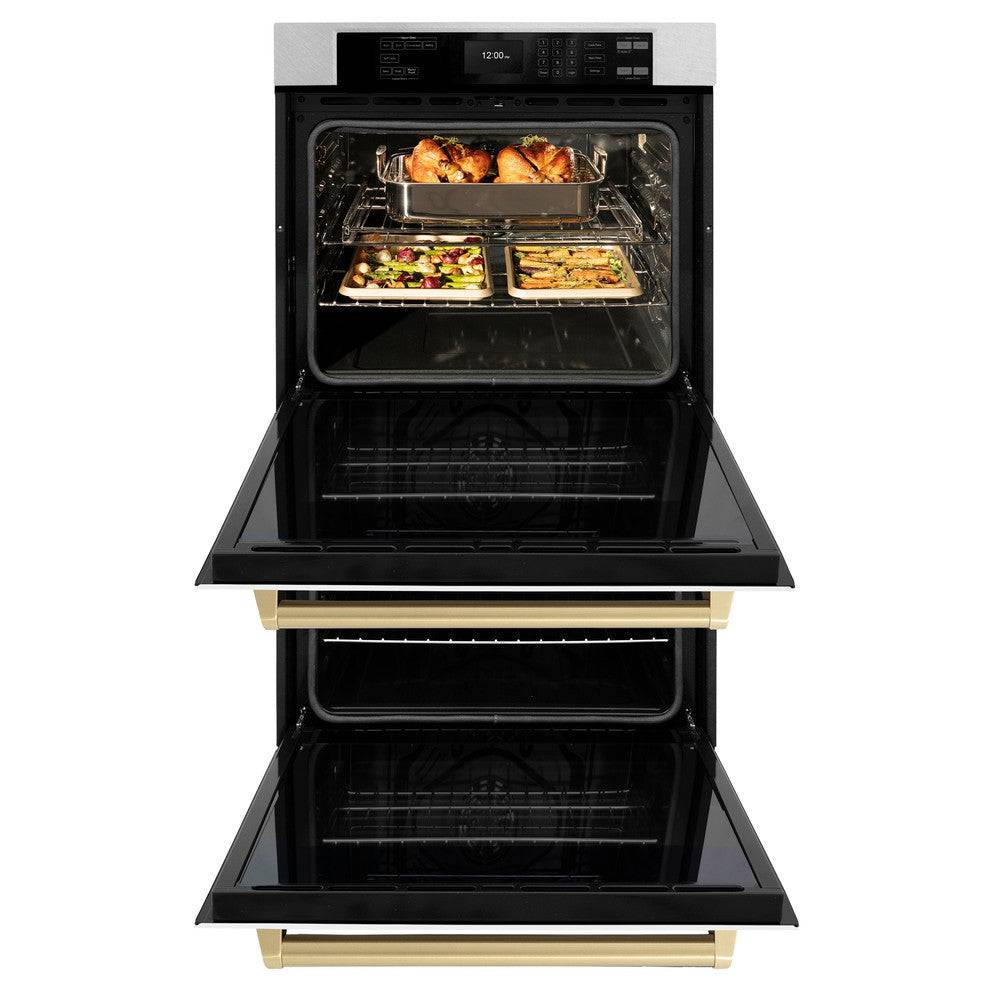 Professional True Convection Double Wall Oven with Air Fry and Self Clean in DuraSnow® Stainless Steel with White Matte Doors and Champagne Bronze Handles (WADSZ-WM-30-CB) - KB&A The Home Improvement Store