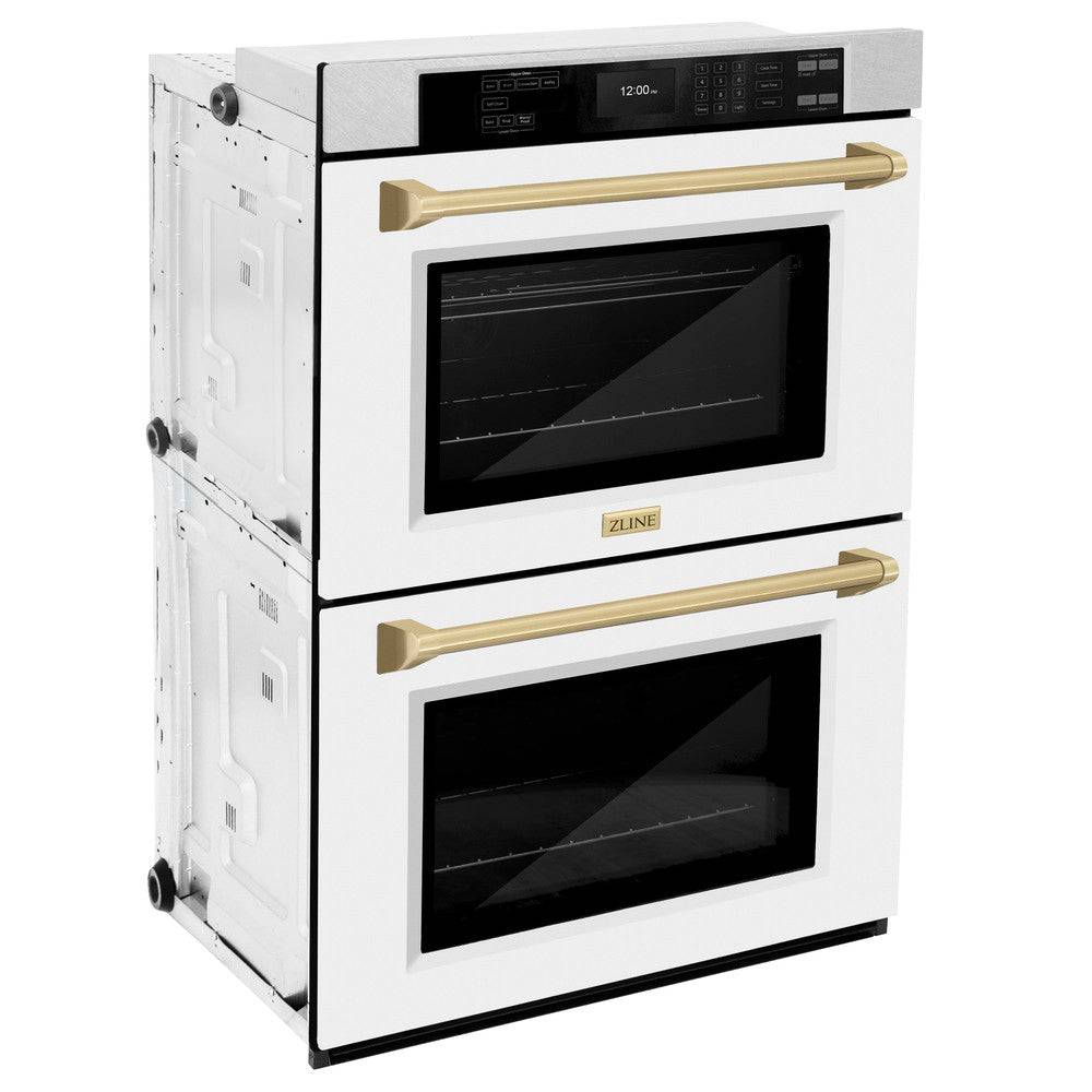 Professional True Convection Double Wall Oven with Air Fry and Self Clean in DuraSnow® Stainless Steel with White Matte Doors and Champagne Bronze Handles (WADSZ-WM-30-CB) - KB&A The Home Improvement Store