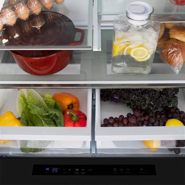 ZLINE 36 in. Autograph Edition 21.6 cu. ft 4-Door French Door Refrigerator with Water and Ice Dispenser in Black Stainless Steel with Polished Gold Modern Handles (RFMZ-W-36-BS-FG) - KB&A The Home Improvement Store