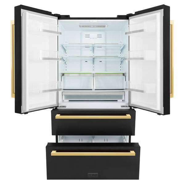 ZLINE 36 in. Autograph Edition 22.5 cu. ft 4-Door French Door Refrigerator with Ice Maker in Black Stainless Steel with Polished Gold Modern Handles (RFMZ-36-BS-FG) - KB&A The Home Improvement Store
