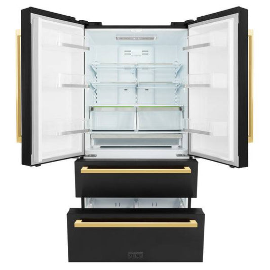 ZLINE 36 in. Autograph Edition 22.5 cu. ft 4-Door French Door Refrigerator with Ice Maker in Black Stainless Steel with Polished Gold Modern Handles (RFMZ-36-BS-FG) - KB&A The Home Improvement Store
