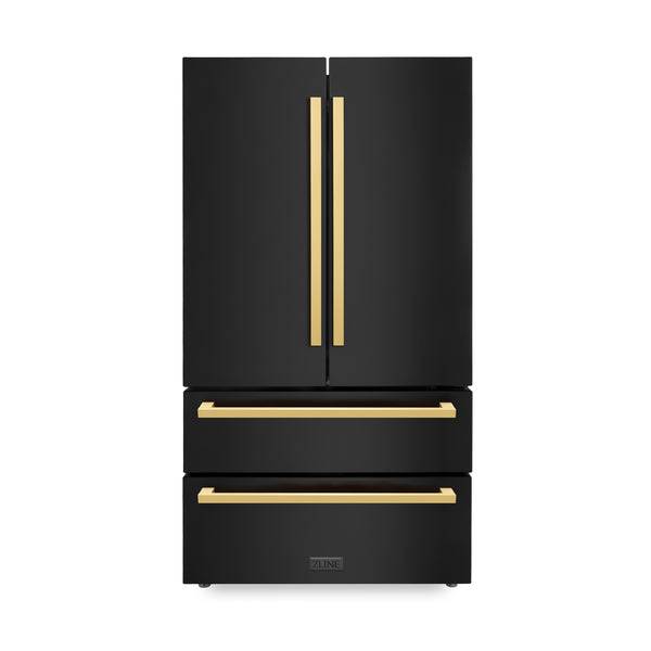 ZLINE 36 in. Autograph Edition 22.5 cu. ft 4-Door French Door Refrigerator with Ice Maker in Black Stainless Steel with Polished Gold Modern Handles (RFMZ-36-BS-FG) - KB&A The Home Improvement Store