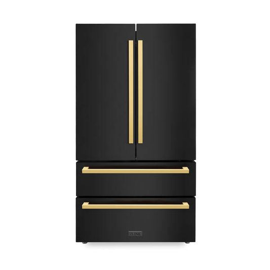 ZLINE 36 in. Autograph Edition 22.5 cu. ft 4-Door French Door Refrigerator with Ice Maker in Black Stainless Steel with Polished Gold Modern Handles (RFMZ-36-BS-FG) - KB&A The Home Improvement Store