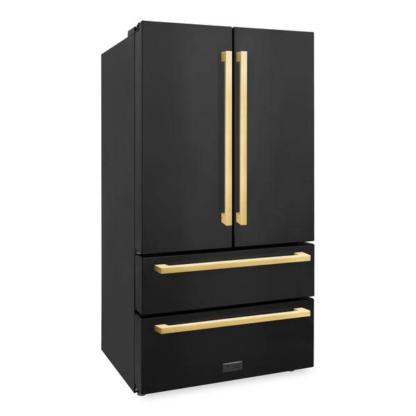 ZLINE 36 in. Autograph Edition 22.5 cu. ft 4-Door French Door Refrigerator with Ice Maker in Black Stainless Steel with Polished Gold Modern Handles (RFMZ-36-BS-FG) - KB&A The Home Improvement Store