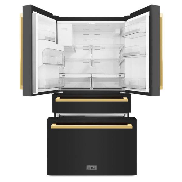 ZLINE 36 in. Autograph Edition 21.6 cu. ft 4-Door French Door Refrigerator with Water and Ice Dispenser in Black Stainless Steel with Polished Gold Modern Handles (RFMZ-W-36-BS-FG) - KB&A The Home Improvement Store