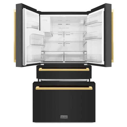 ZLINE 36 in. Autograph Edition 21.6 cu. ft 4-Door French Door Refrigerator with Water and Ice Dispenser in Black Stainless Steel with Polished Gold Modern Handles (RFMZ-W-36-BS-FG) - KB&A The Home Improvement Store