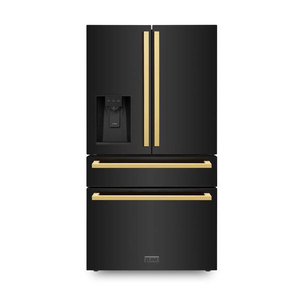 ZLINE 36 in. Autograph Edition 21.6 cu. ft 4-Door French Door Refrigerator with Water and Ice Dispenser in Black Stainless Steel with Polished Gold Modern Handles (RFMZ-W-36-BS-FG) - KB&A The Home Improvement Store
