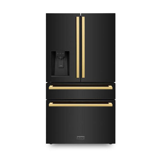 ZLINE 36 in. Autograph Edition 21.6 cu. ft 4-Door French Door Refrigerator with Water and Ice Dispenser in Black Stainless Steel with Polished Gold Modern Handles (RFMZ-W-36-BS-FG) - KB&A The Home Improvement Store