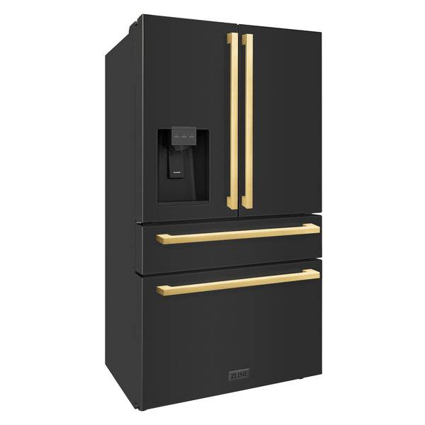 ZLINE 36 in. Autograph Edition 21.6 cu. ft 4-Door French Door Refrigerator with Water and Ice Dispenser in Black Stainless Steel with Polished Gold Modern Handles (RFMZ-W-36-BS-FG) - KB&A The Home Improvement Store
